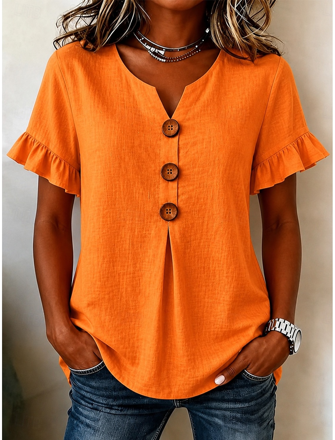 Women's Cotton Linen Blouse Buttons Solid Color Vacation Daily Casual Sleeveless 3/4 Length Sleeve V Neck Regular Tops Casual Daily Going out Khaki Red Orange Green Summer Spring Fall