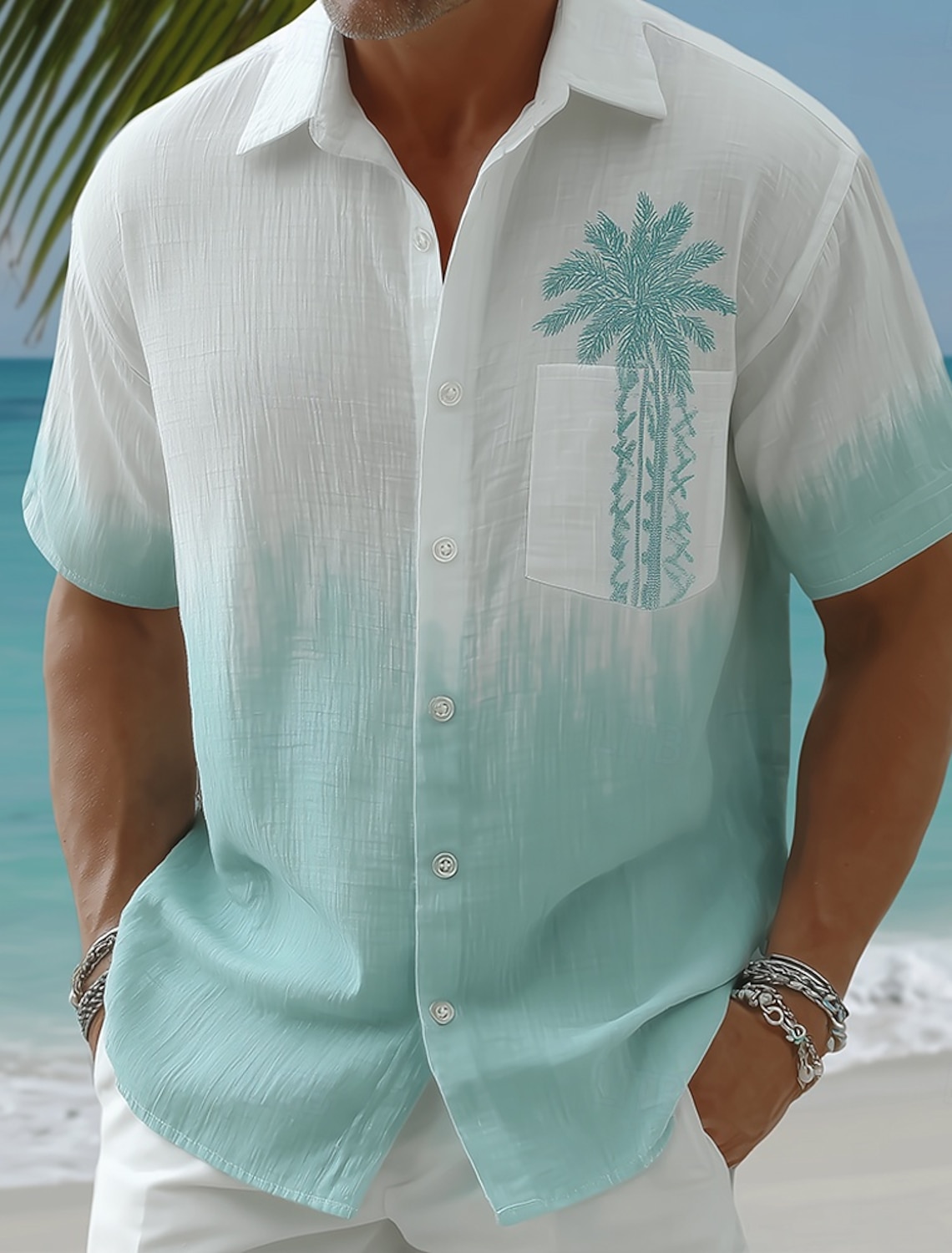 Men's Coconut Tree Gradient Color Tropical Plants Shirt Hawaiian Shirt Aloha Shirt Short Sleeve Hawaiian Vacation Holiday Summer Turndown 3D Print Front One Pocket Linen Like Shirt Blue Purple Green