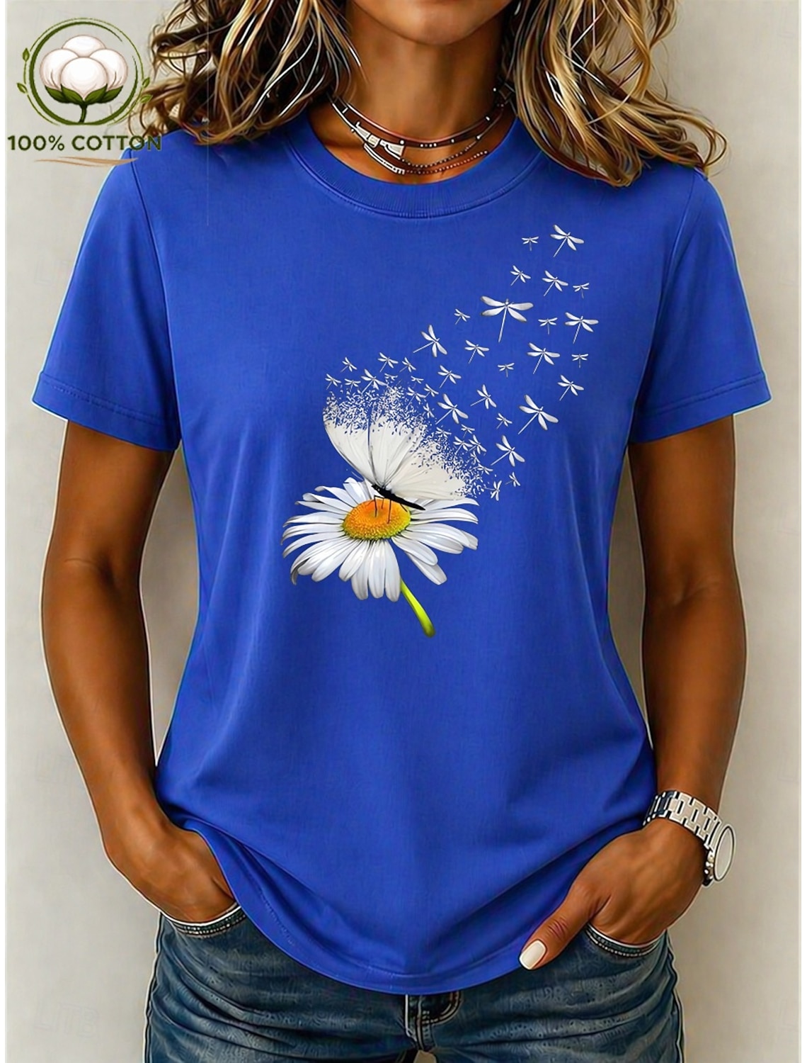 Women's 100% Cotton T Shirt Vintage Washed Tops Print Graphic Plants Stylish Basic Short Sleeve Crew Neck Regular Tops Casual Daily Blue Black Pink Purple Brown Summer Spring