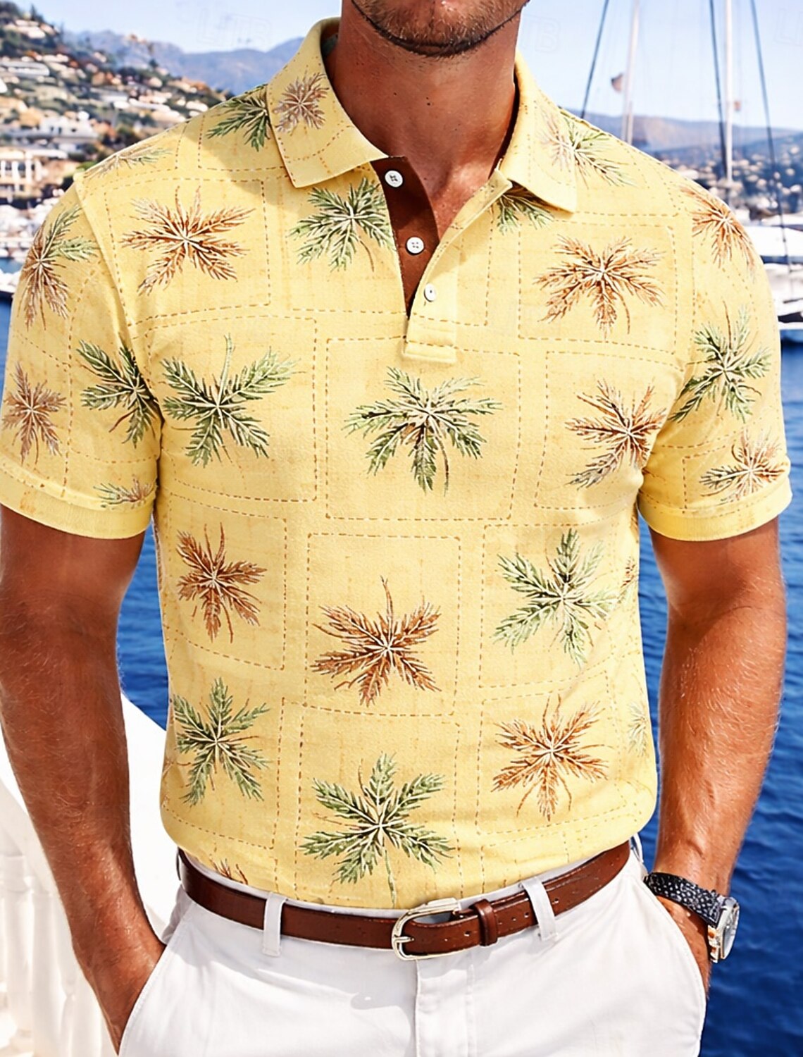 Men's Palm Tree Polo Shirts Short Sleeve Collared Hawaiian Casual