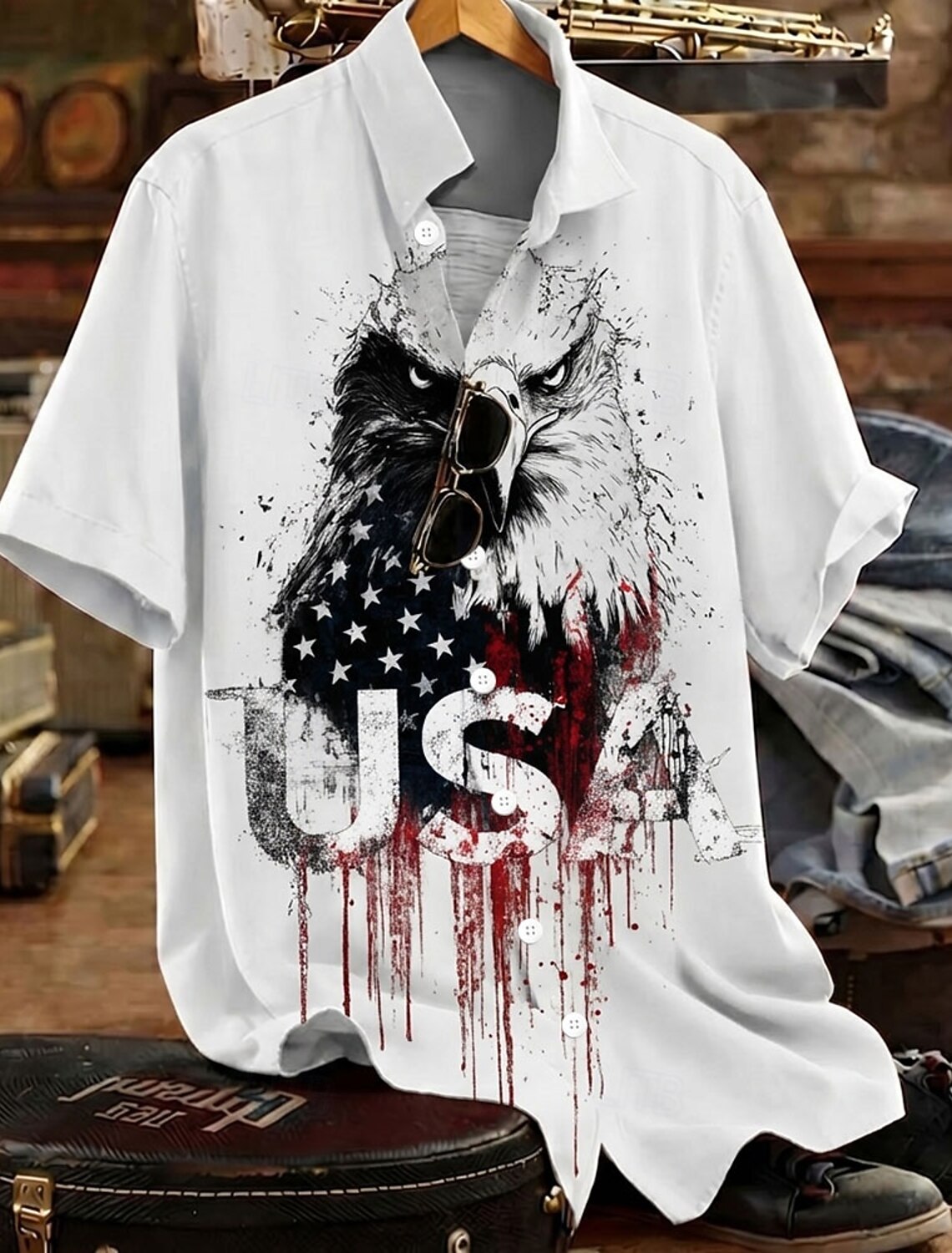 Men's 4th of July U.S. 250th Anniversary Eagle American Flag Shirt Summer Shirt Button Up Shirt Short Sleeve Patriotic Outdoor Holiday Summer Spring Turndown 3D Print Collared Shirts Blue White 1