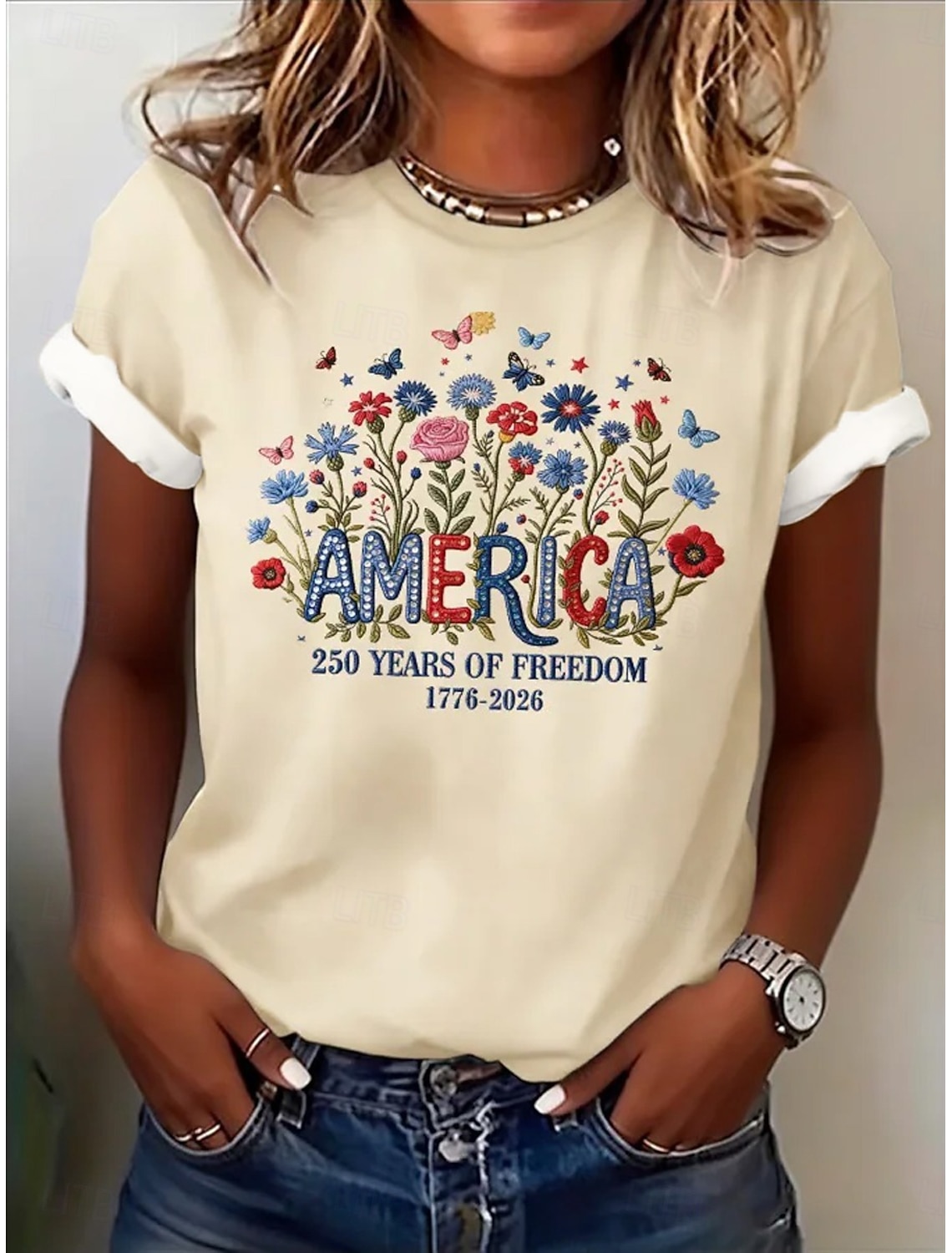 American Independence Day Women's T Shirt Print Floral Graphic Flag Stylish Classic Casual Short Sleeve Crew Neck Round Neck Regular Tops Casual Daily Blue Black White Pink Red Summer Spring