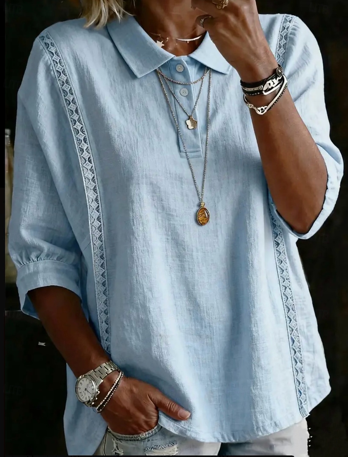 Women's Polo Shirts Blouse Lace Tops Plain Bohemia 3/4 Length Sleeve Lapel Regular Tops Light Blue White Pink Royal Blue Sky Blue Summer Spring