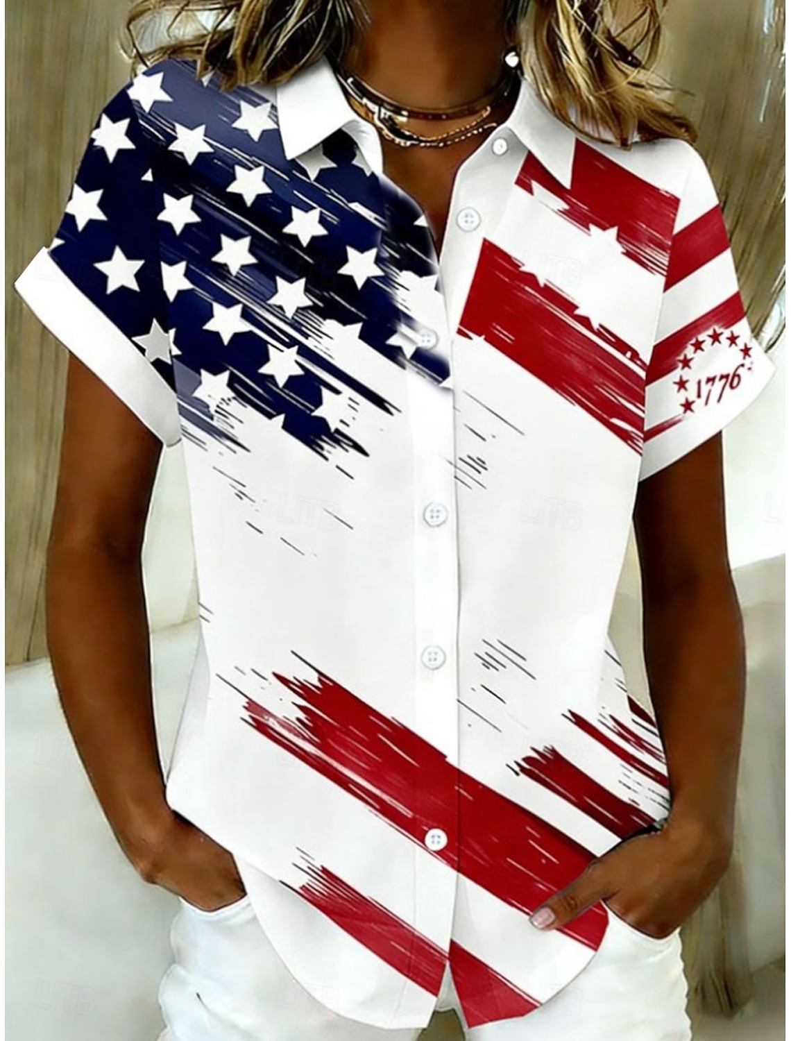 American Independence Day Women's Shirt Short Sleeve Graphic Flag Vintage Stylish Casual Sleeveless Shirt Collar Regular Tops Daily Blue White Light Blue Summer Spring