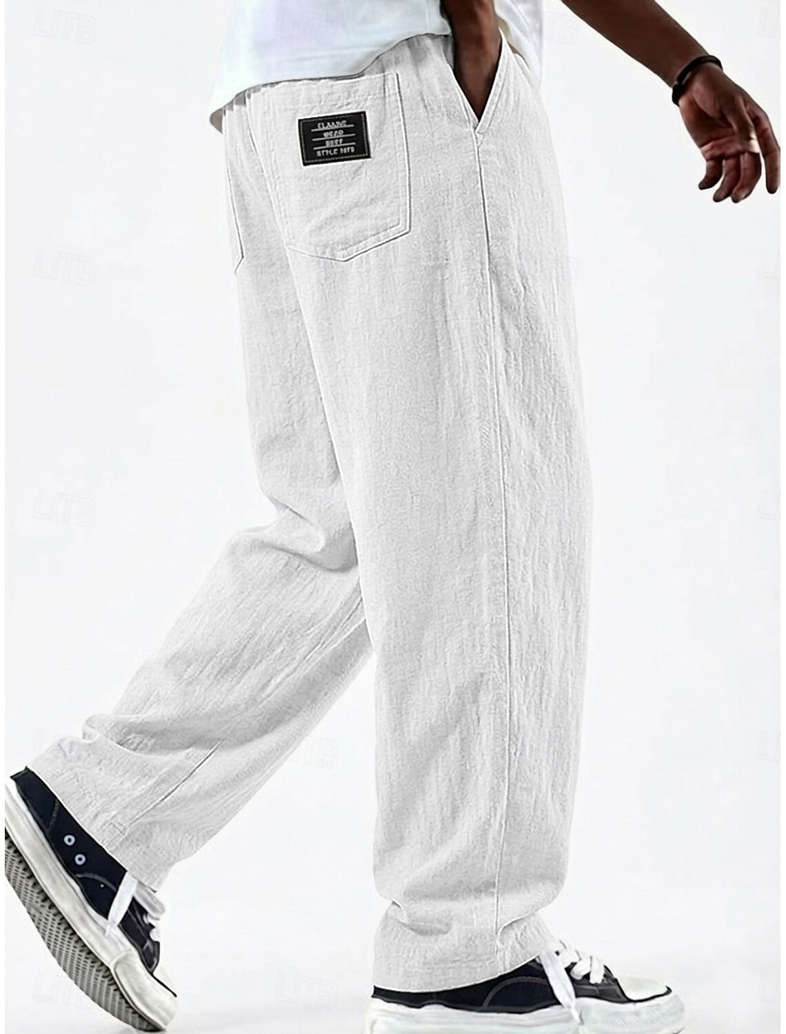Men's Linen Pants Trousers Summer Baggy Pocket Elastic Waist Straight