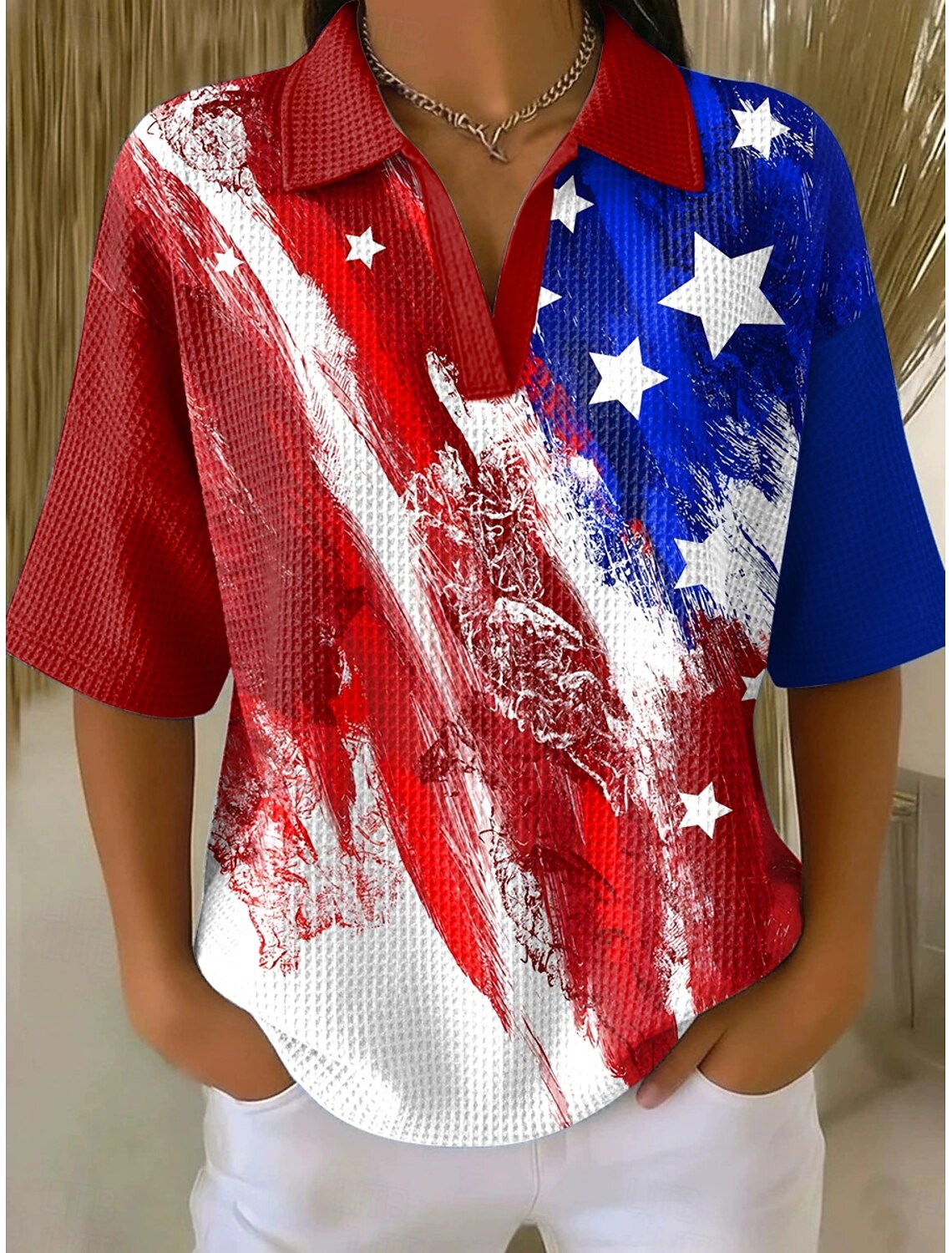 American Independence Day Women's Waffle T-shirt Textured Knit Tops Graphic American Flag Elegant Vintage Stylish Half Sleeve Polo Collar Regular Tops Casual Daily Blue Red Summer Spring