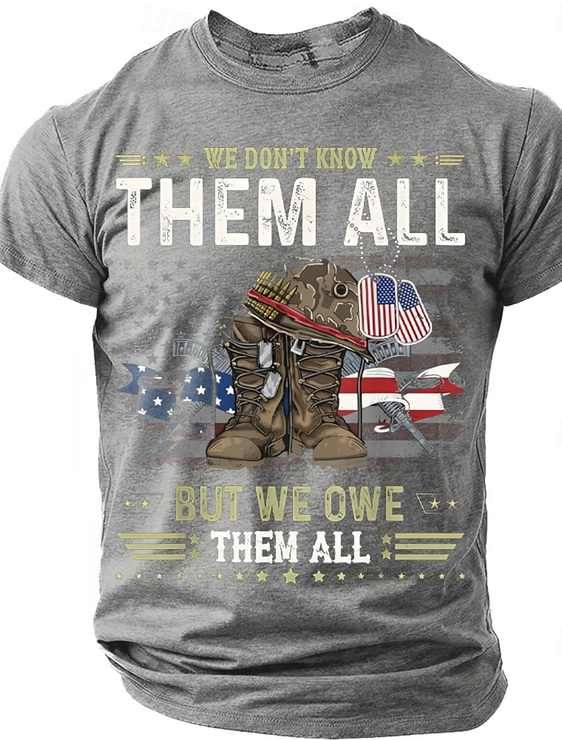 Memorial Day We Don't Know Them All But We Owe Them All Men's Combat Boots Dog Tags American Flag Patriotic Graphic T Shirt Distressed Vintage Short Sleeve Tee Designer Clothing Apparel S M L XL XXL X