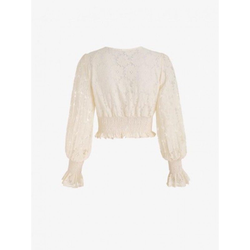 Lettuce Hem Floral Collar Beading Lace Blouse UL0604