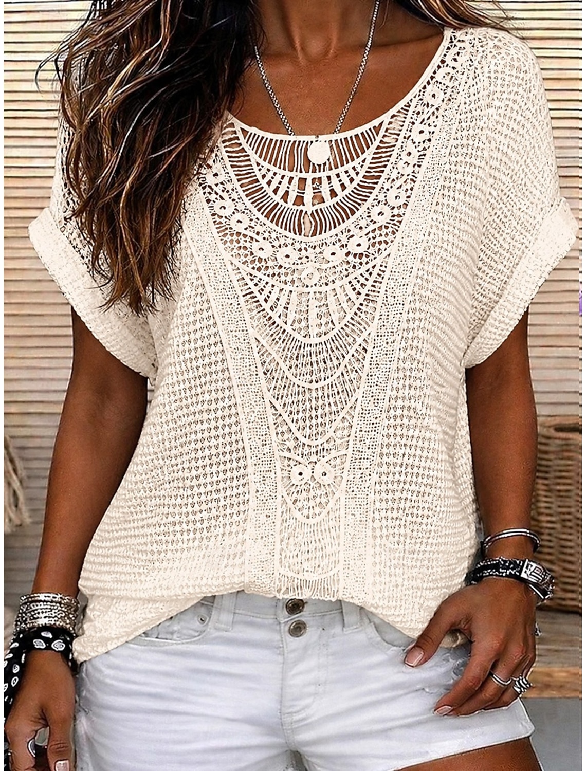 Women's Blouse Lace Solid Color Stylish Casual Short Sleeve V Neck Regular Tops Daily Blue Black White Orange Grey Summer Spring Fall