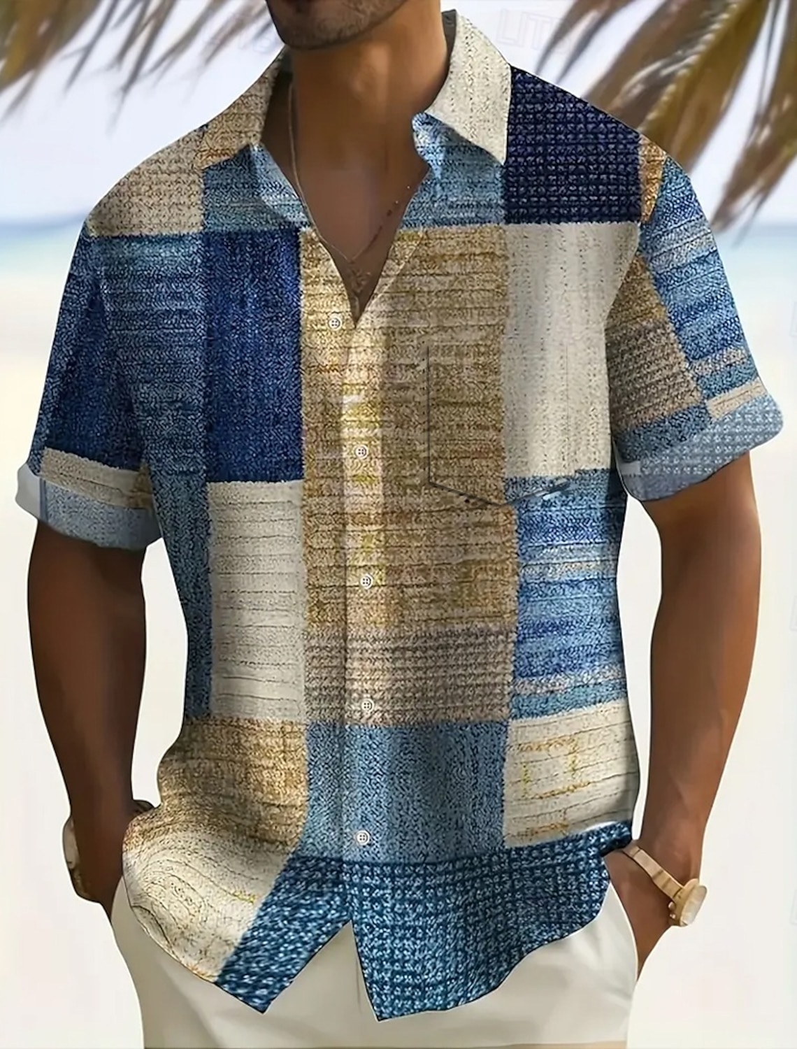 Men's Geometric Color Block Patchwork Shirt Button Up Shirt Short Sleeve Fashion Casual Vacation Holiday Streetwear Summer Turndown 3D Print Collared Shirts Front One Pocket Dark Yellow Blue Brown