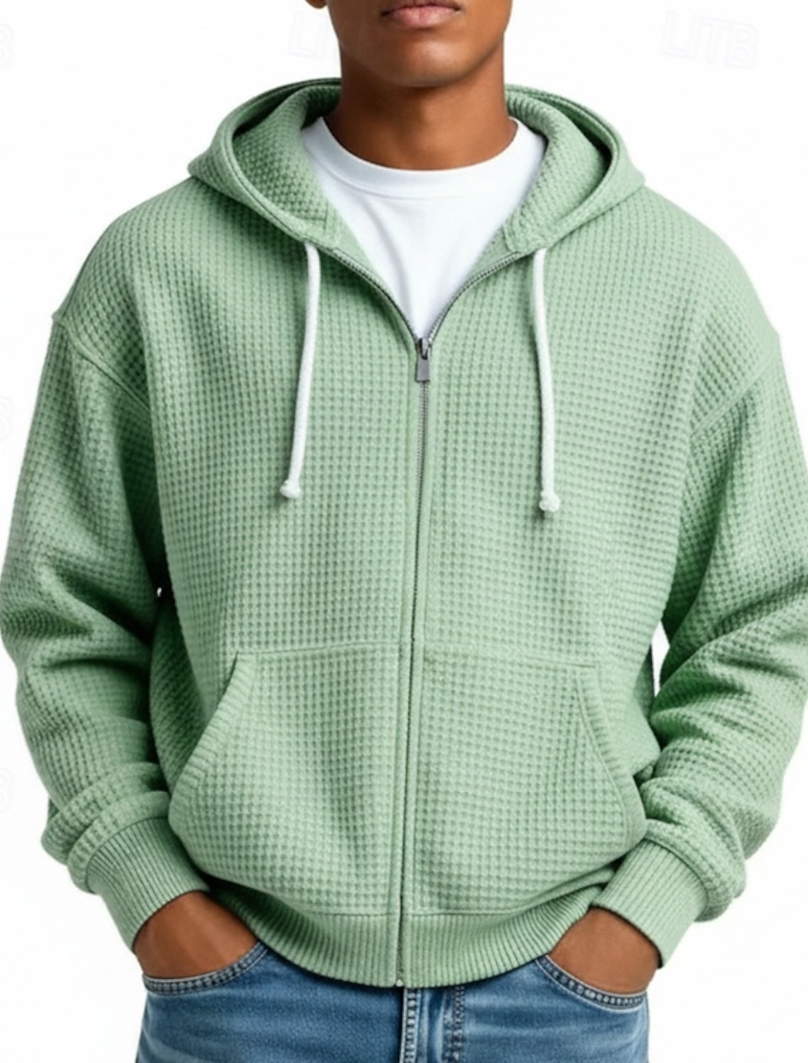 Men's Hoodie Full Zip Waffle Hoodies White Light Green Navy Blue Dark