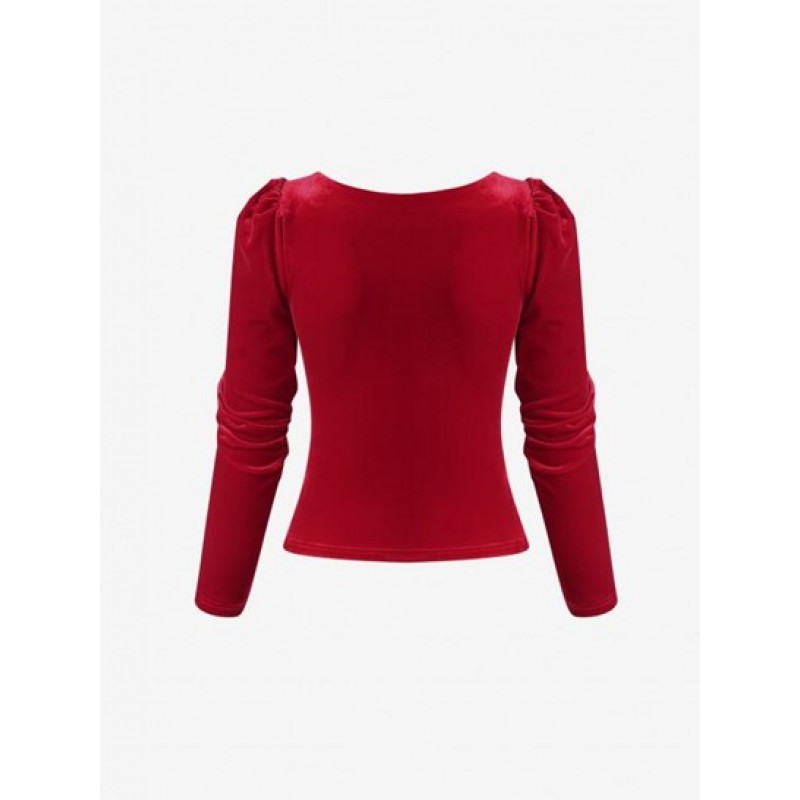 Velour Puff Sleeve Mock Button T Shirt DV0883