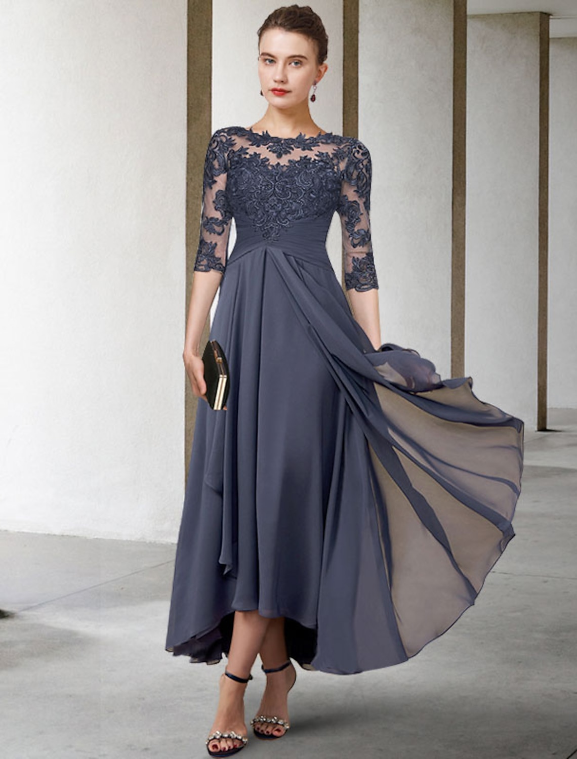 A-Line Asymmetrical Tea Length Party Dress Cocktail Dress Wedding Guest Dress Mother of the Bride Dress Half Sleeve Jewel Neck Elegant Plus Size High Low Wedding Guest Wedding Party Chiffon Lace with