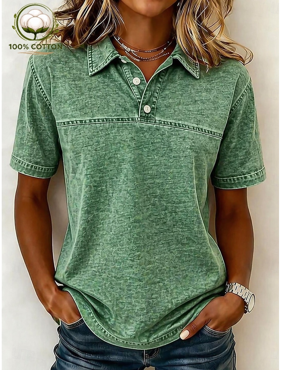 SoftFade™ Women's Vintage 100% Cotton Henley Shirt - Soft Washed Short Sleeve Basic Tops