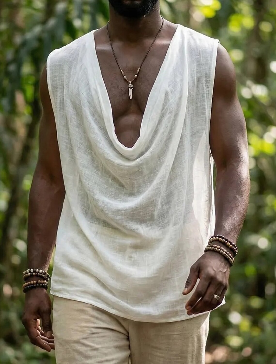Men's T Shirt Tank Cotton Linen Sleeveless Cowl Neck Summer Spring