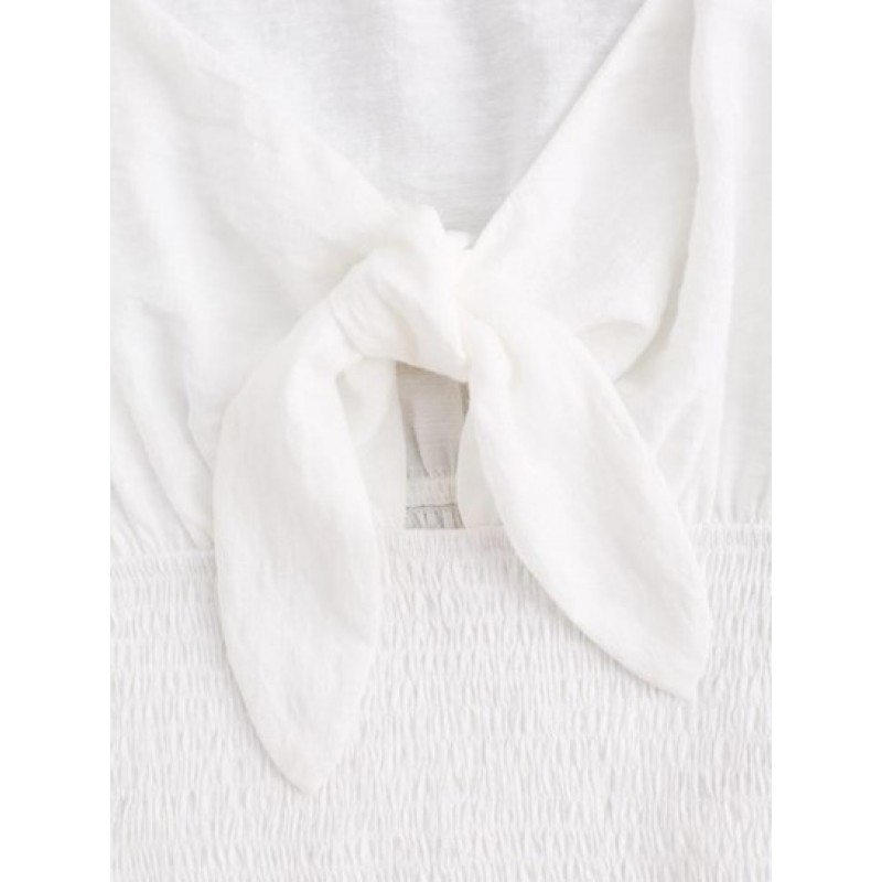 Knotted Puff Sleeve Plunge Shirred Blouse YE8032