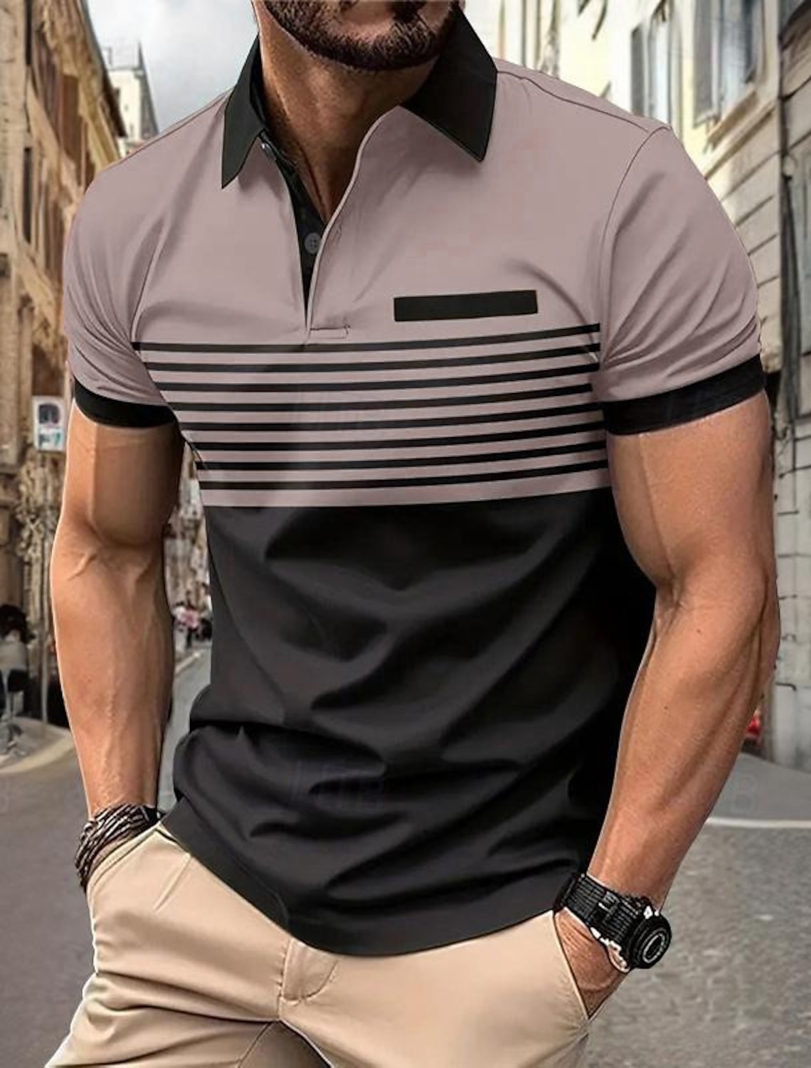 Men's Horizontal Stripes Polo Long Sleeve Shirts Collared Business