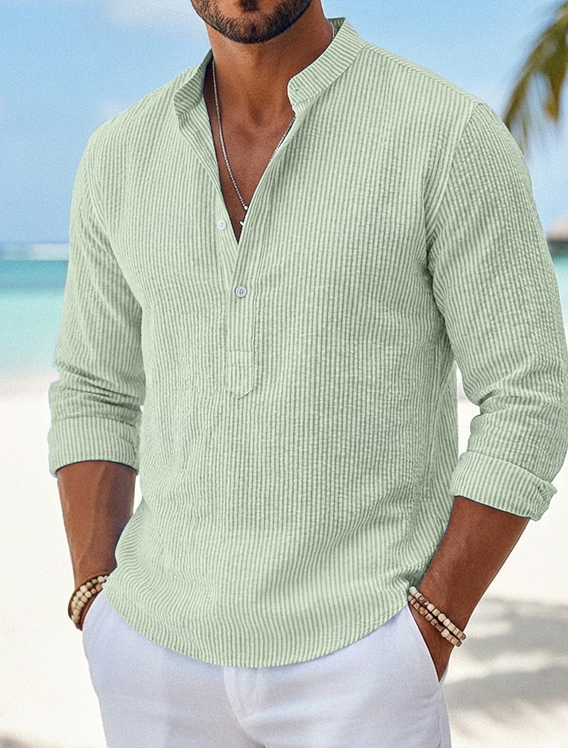 Men's Shirt Casual Shirt Seersucker Shirt Button Up Shirt Sky Blue Green Dark Gray Gray Long Sleeve Striped Vertical Stripes Grandad Collar Henley Casual Daily Buttons Clothing Apparel Elegant