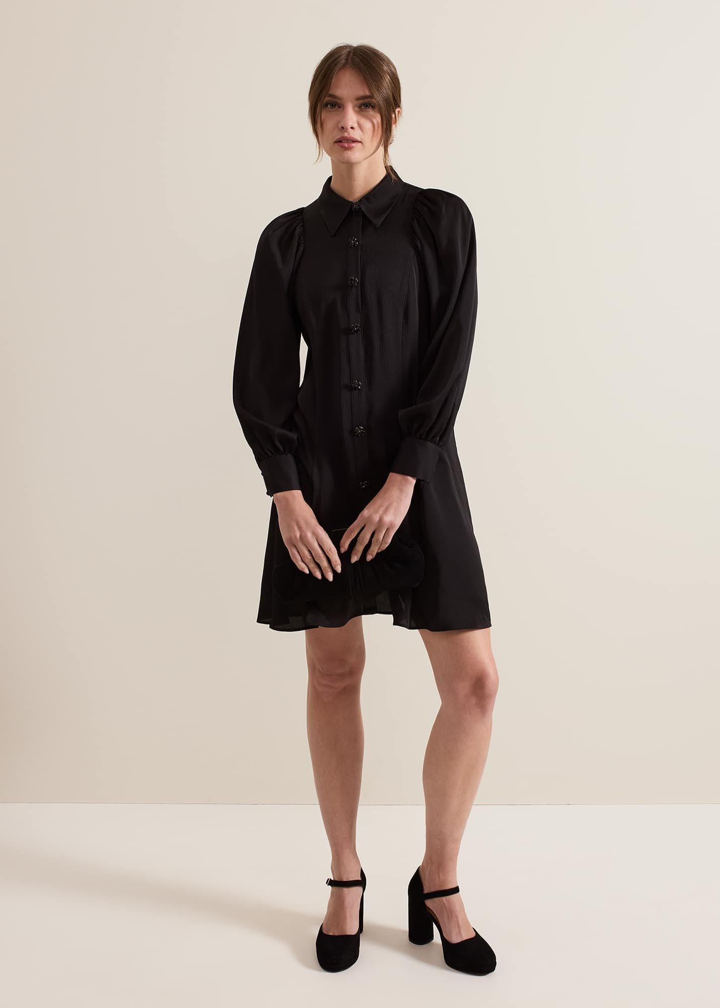 Petite Tila Black Satin Shirt Dress