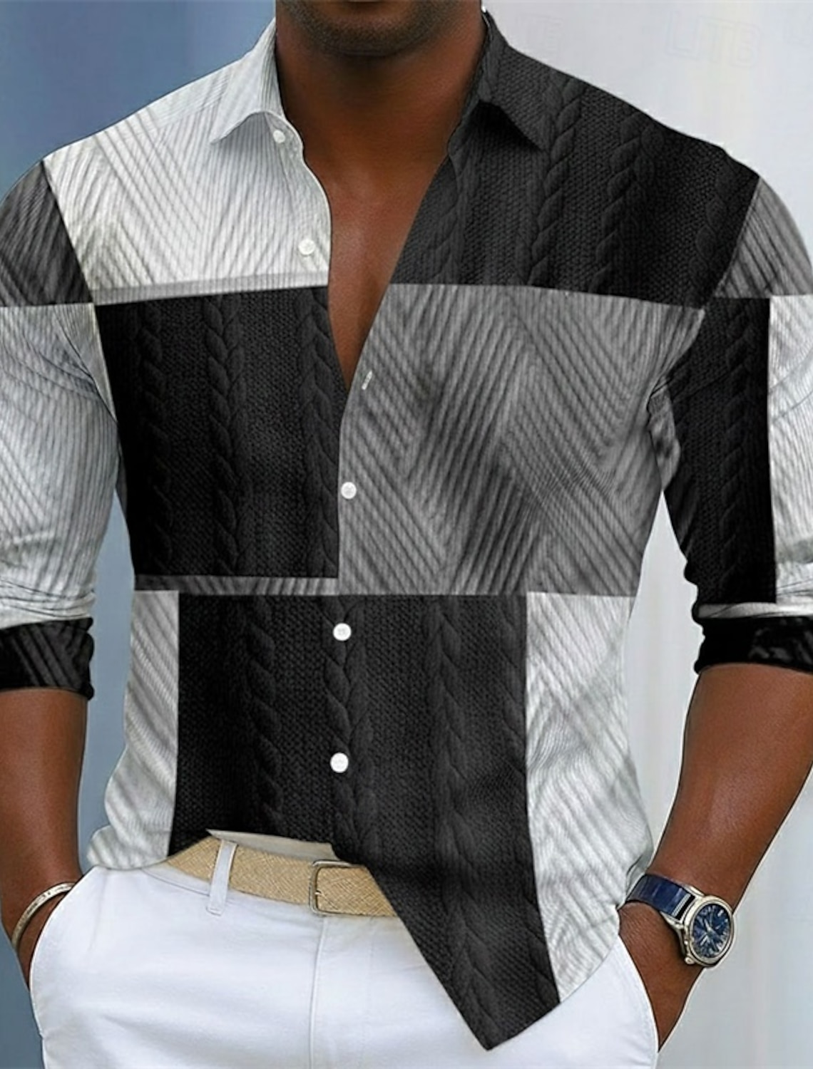 Men's Color Block Shirt Casual Button Up Long Sleeve Hawaiian Beach