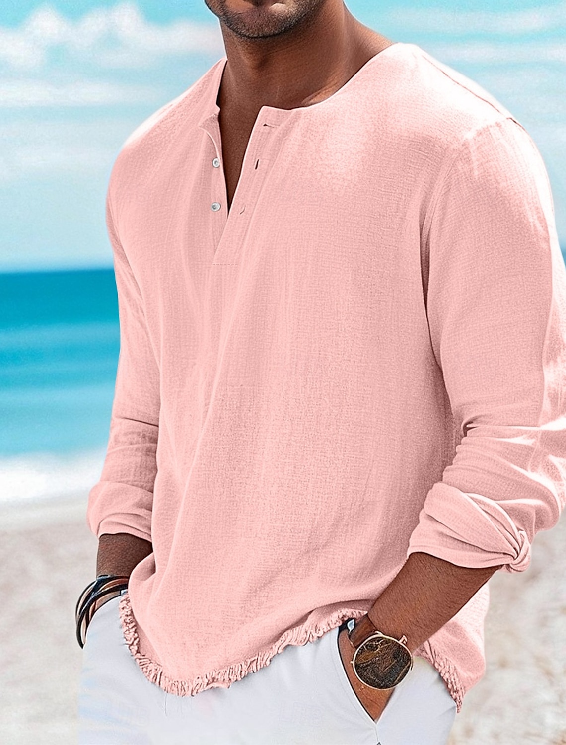 Men's Henley Shirt Tee Top Linen T-Shirt Long Sleeve Solid Color Plain