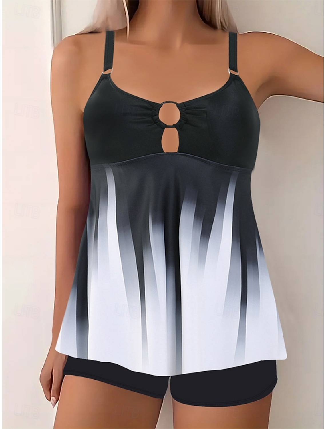 Women's Tankini 2 Piece Swimsuit Shorts Tummy Control High Waist Slim Backless Vacation Beach Wear Ombre U Neck Sleeveless Bathing Suits