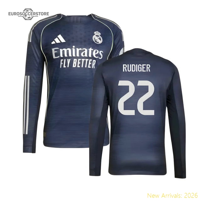 2025-2026 Real Madrid Authentic Long Sleeve Second Jersey (rudiger 22)